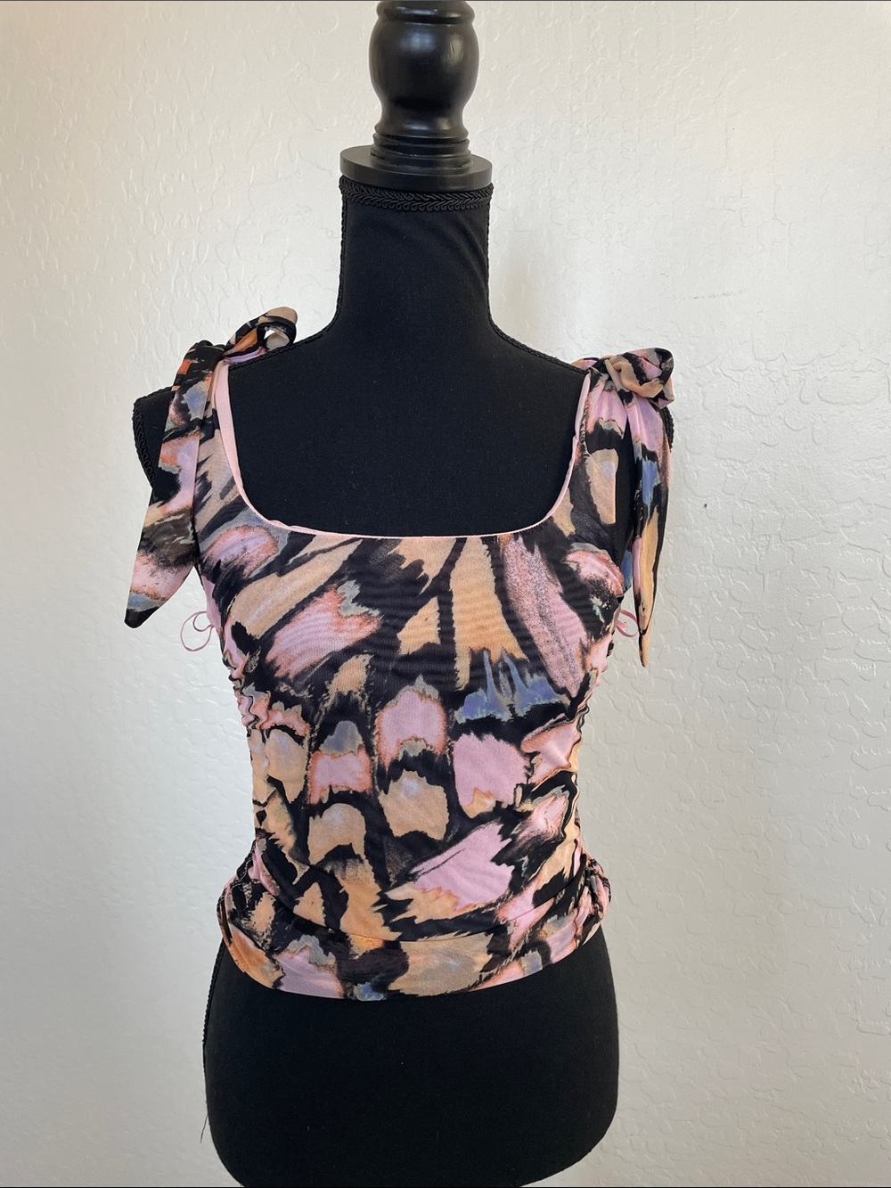 Pink combo mesh bow tank with ruched sides